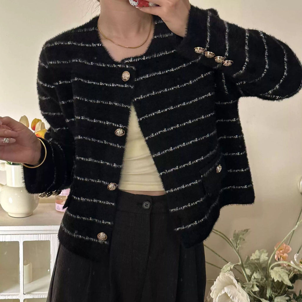 Striped Round Metal Button Faux Pocket Round Neck Sweater